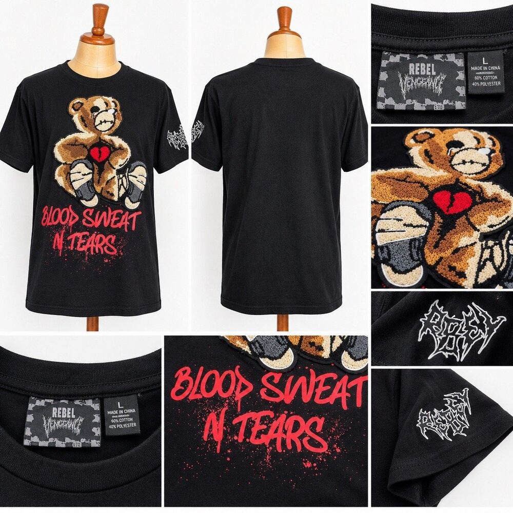 Rebel Vengeance Blood Sweat N Tears Teddy Bear Shirt Mens Large Black Y2K Goth